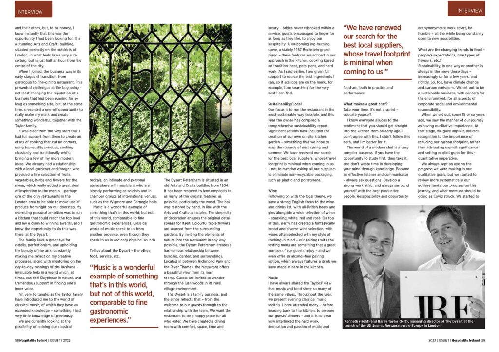 The Dysart Petersham features in Hospitality Ireland